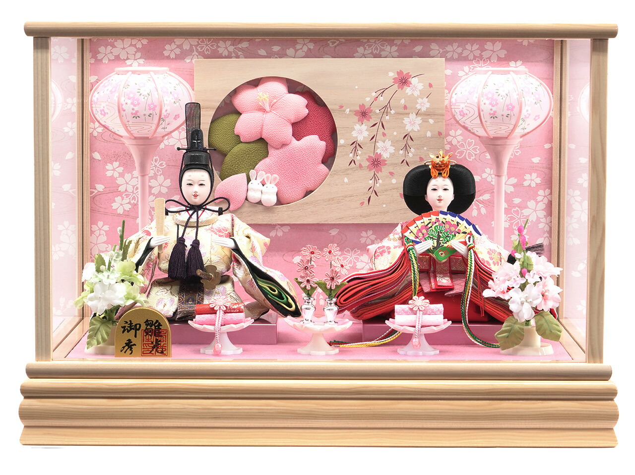 雛人形 ガラスケース飾り【P85305】 春らしい淡いピンクが魅力的