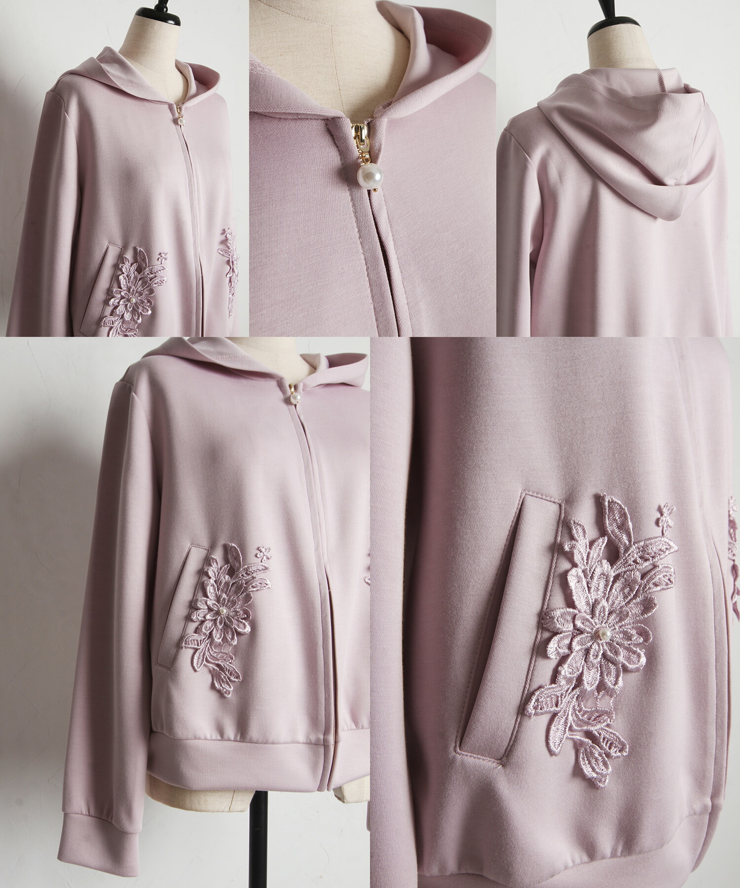 パール付きポケットフラワーレース装飾パーカー