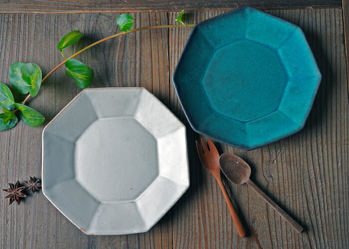 益子焼 正八角形のお皿 シャビーターコイズ 中皿 副菜皿 八角皿 中華