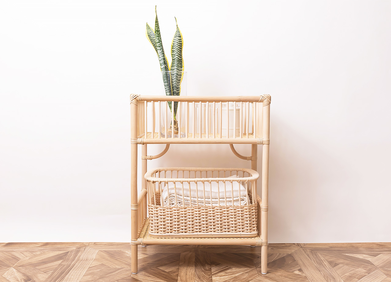 日本製 籐のランドリーラック カゴ付き|ラタン 脱衣かご| 2段 3段