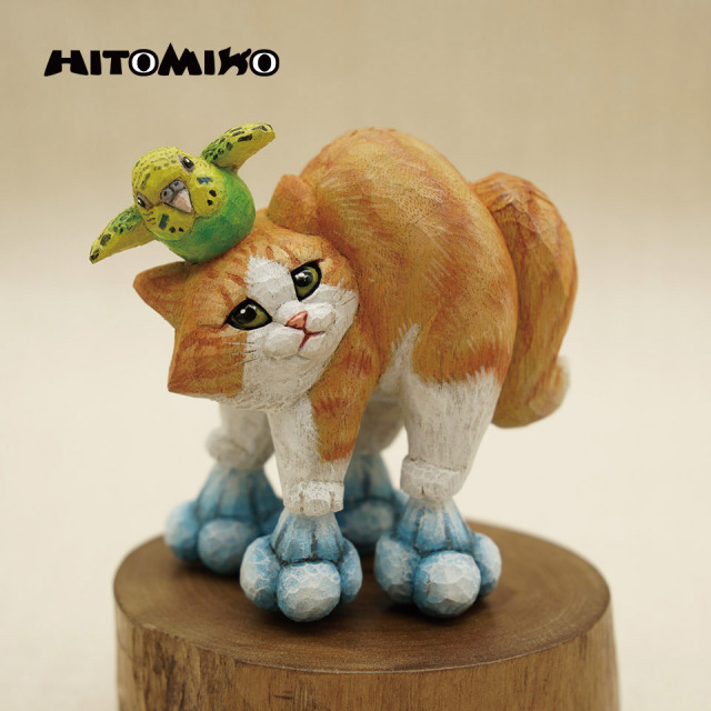 やんのかステップ木彫作品 長毛茶白のセキセインコ乗せステップ