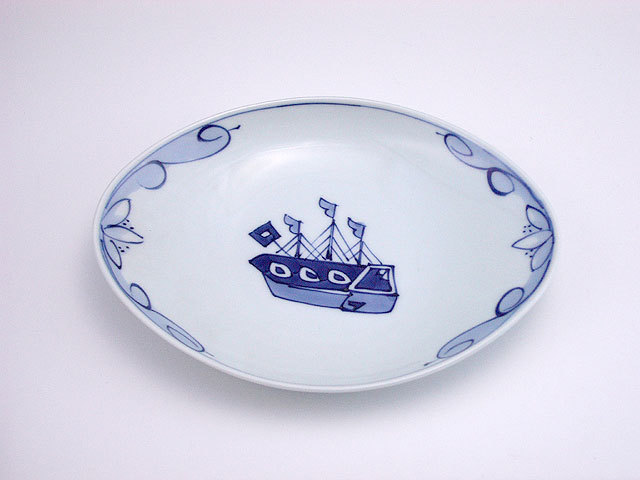 オランダ船舟型小皿 しん窯 青花