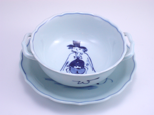 異人づくし新耳付スープ碗 しん窯青花