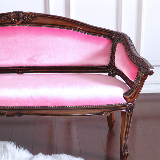 輸入家具 2人掛けソファ ベロアピンク 高級マホガニー家具 ベネシア