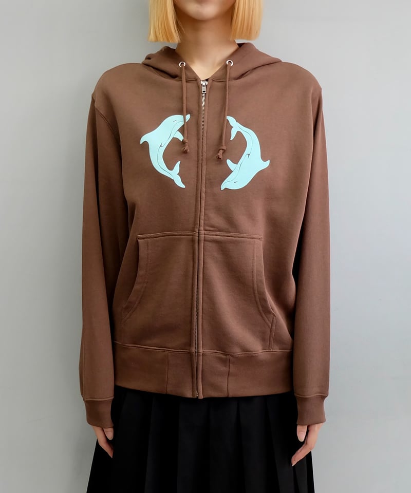 Labyrins Two Dolphins Zip Hoodie Brown | Shury