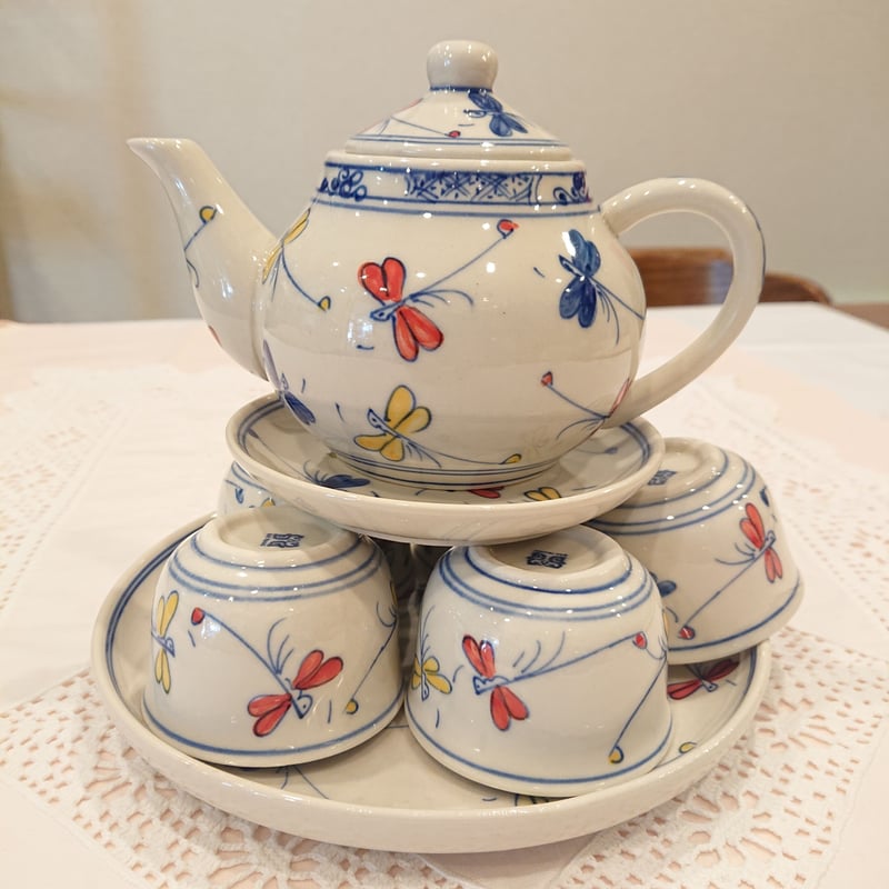 ベトナム バッチャン焼き 茶器セット 幸せを運ぶとんぼ絵 青 | Ethnic