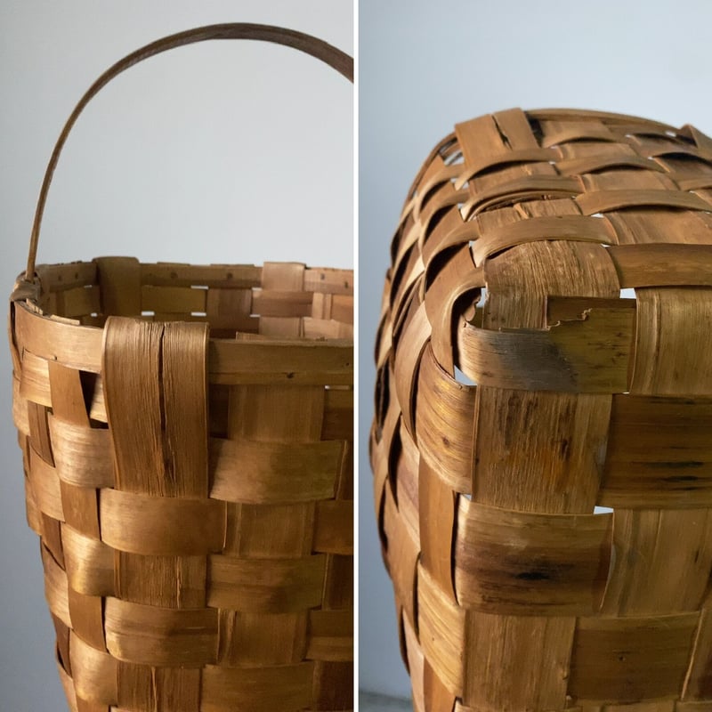 古い木編みのワンハンドルバスケット 木の籠 スポーンコリ