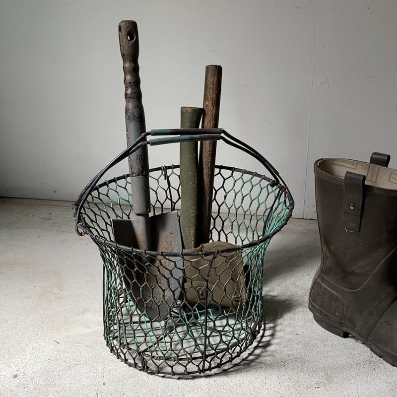 古いワイヤーバスケット バケツ型 金網籠 2ハンドル コーティング