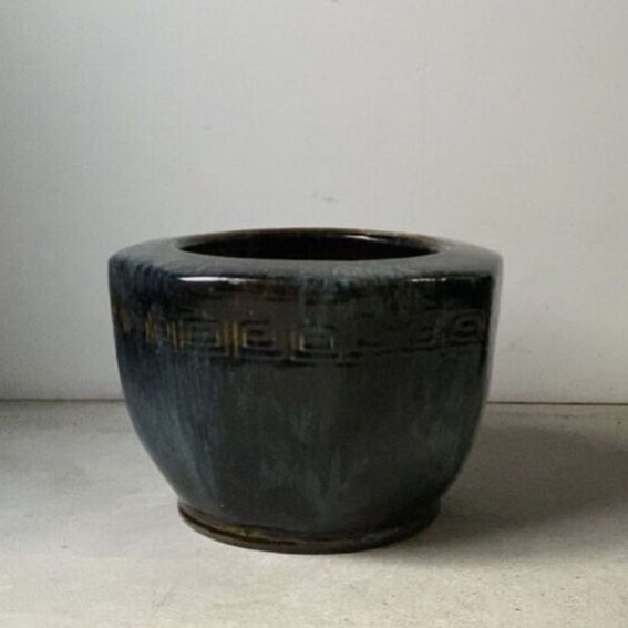 古い八角火鉢 幅40cm 海鼠(なまこ)釉 瑠璃釉 深海色 メダカ鉢 睡蓮鉢