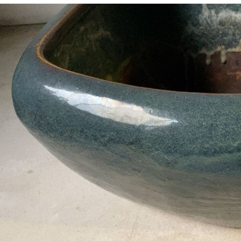 古い四角火鉢 最大幅45cm 海鼠(なまこ)釉 瑠璃釉 深海色 メダカ鉢 睡蓮