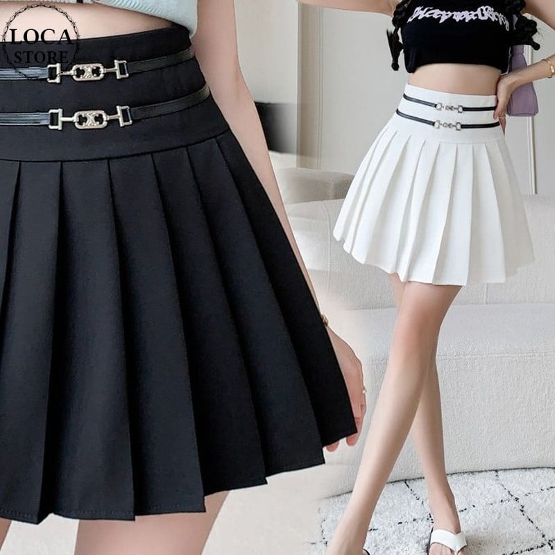 ダブルベルト風デザイン プリーツスカート ウエストマーク ハイ