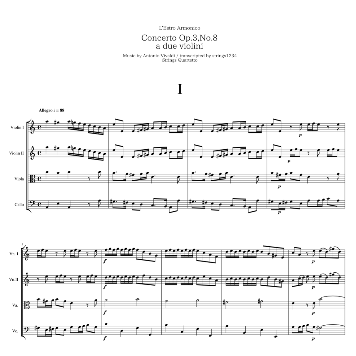 Sheet Music pdf】弦楽四重奏 2つのヴァイオリンのための協奏曲