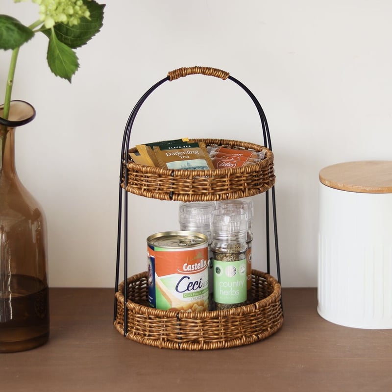 PPラタンで編まれた2段のアイアンラウンドラック / キッチン商品