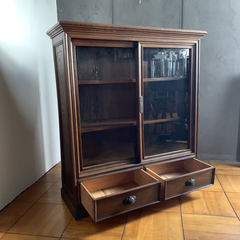 古いガラス棚 食器棚 収納棚 木製 昭和初期 収納 古道具 アンティーク