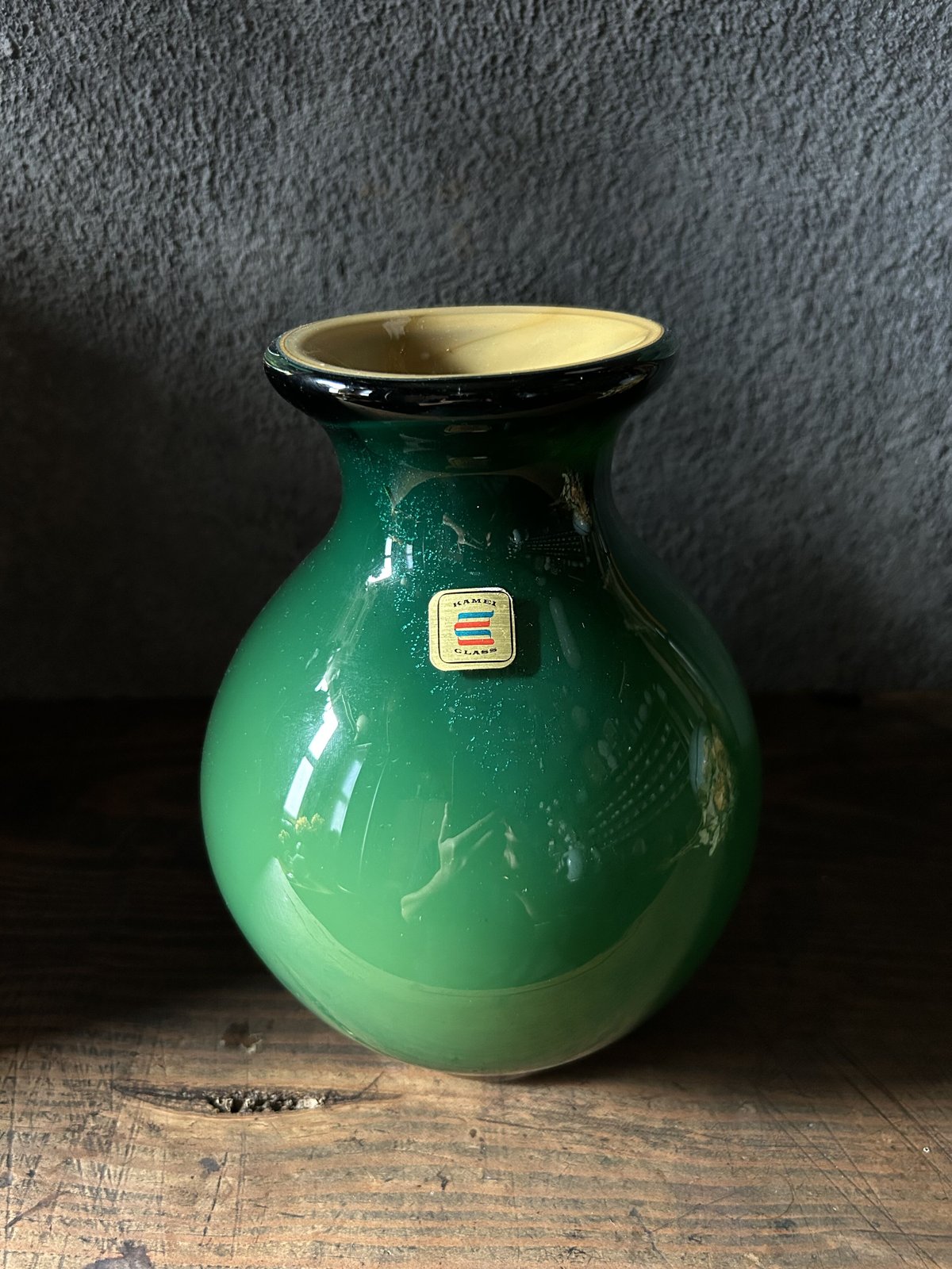 カメイガラスのフラワーベースI/緑/丸/昭和レトロ/花瓶 | 骨董