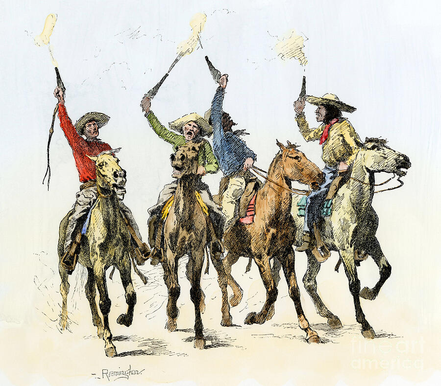 Cowboys shooting in the air Colourful engraving from an