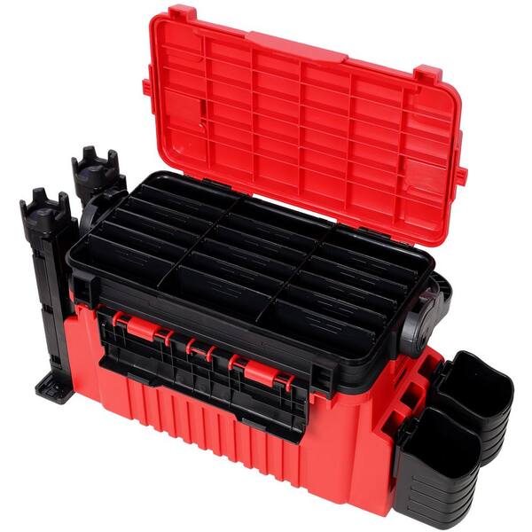 Red Dual-Layer Fishing Tackle Box with 2-Rod Holders, 2-Cup
