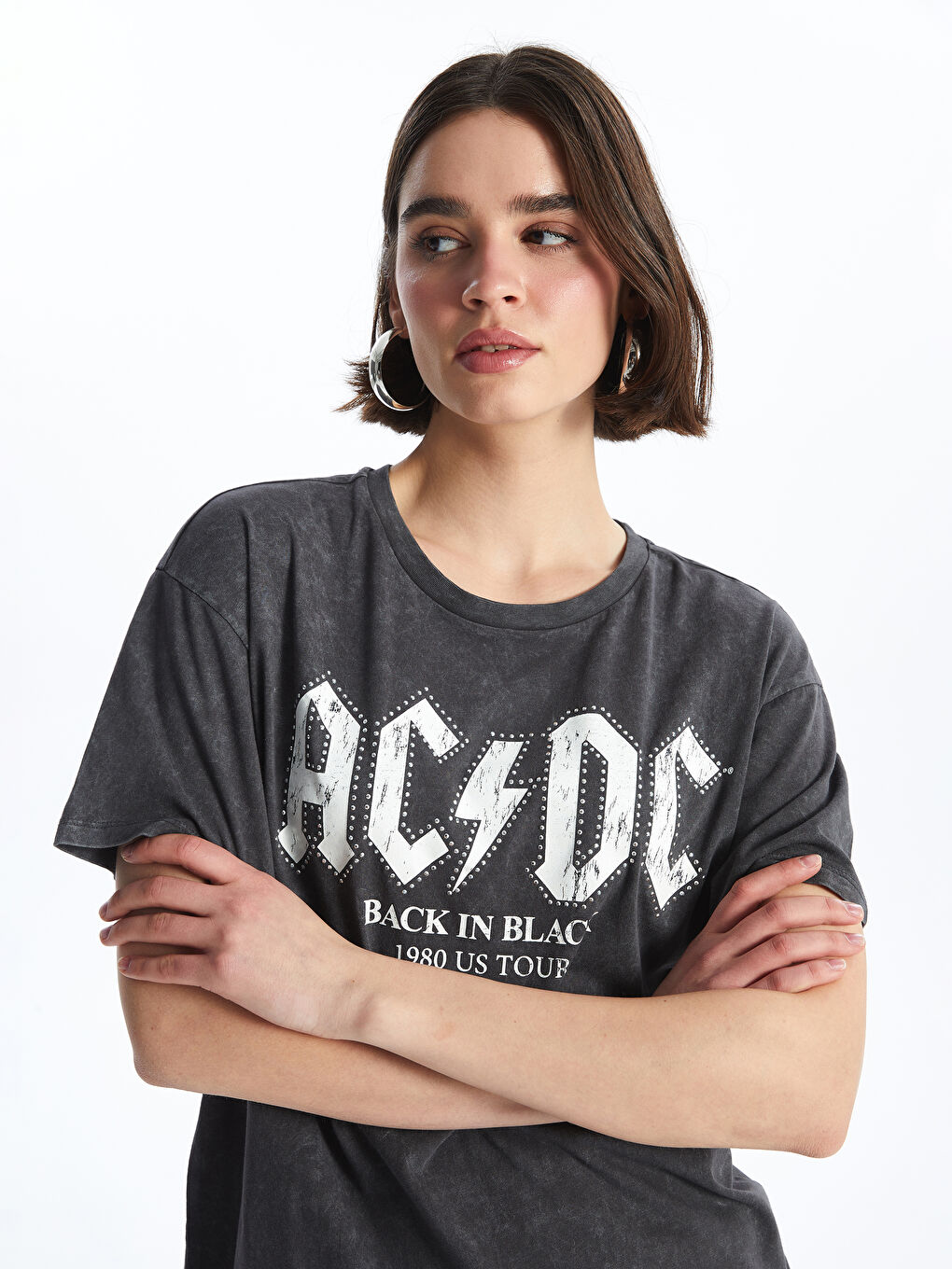 XSIDE Bisiklet Yaka AC/DC Baskılı Kısa Kollu Kadın Tişört