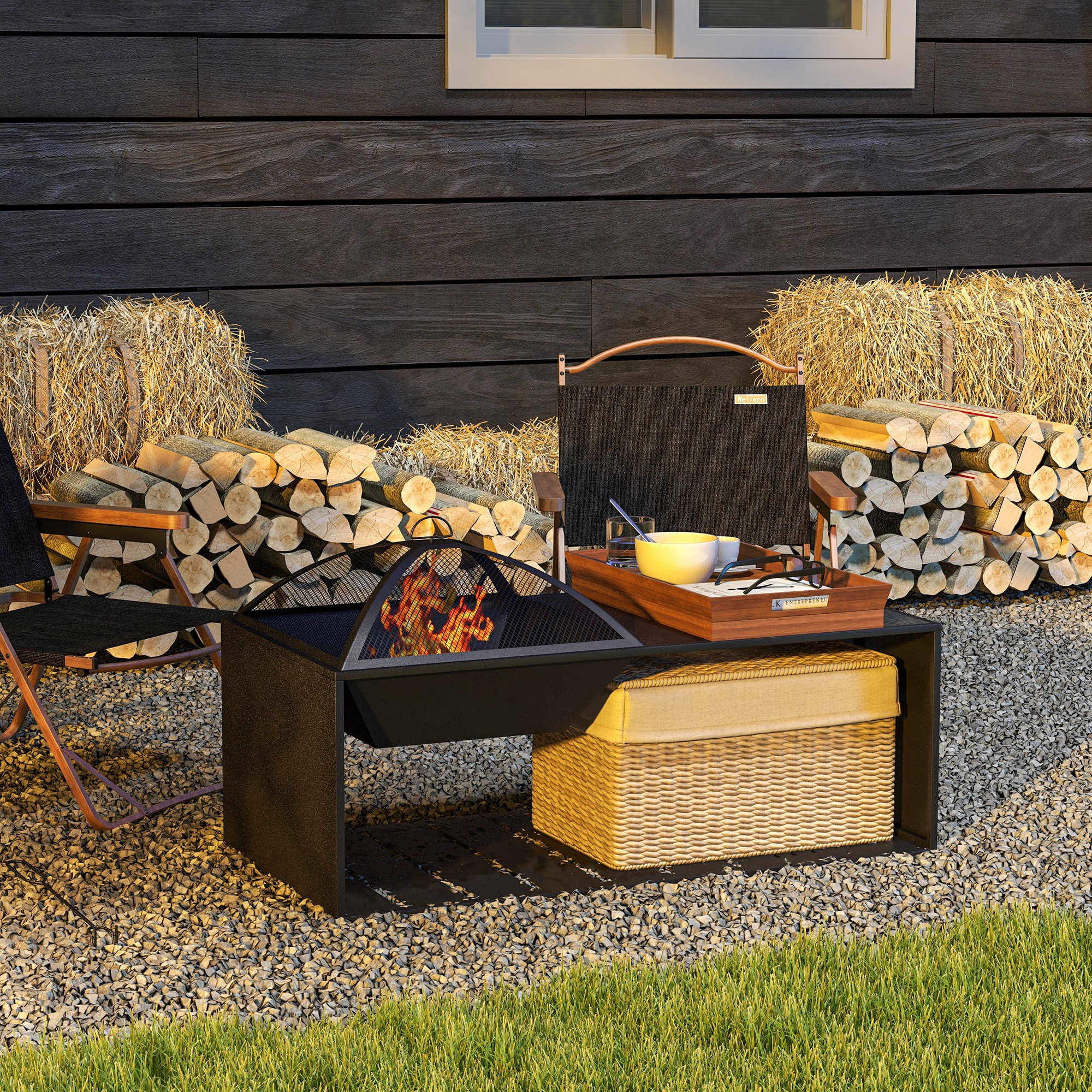 Outsunny Fire Pit Coffee Table with Storage Shelf, Wood-burning