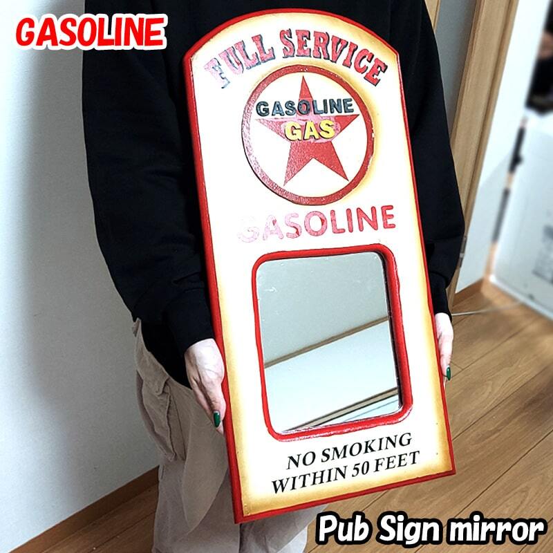 鏡 アンティーク 木製 ガソリン 壁掛け ウォールミラー GASOLINE 高級