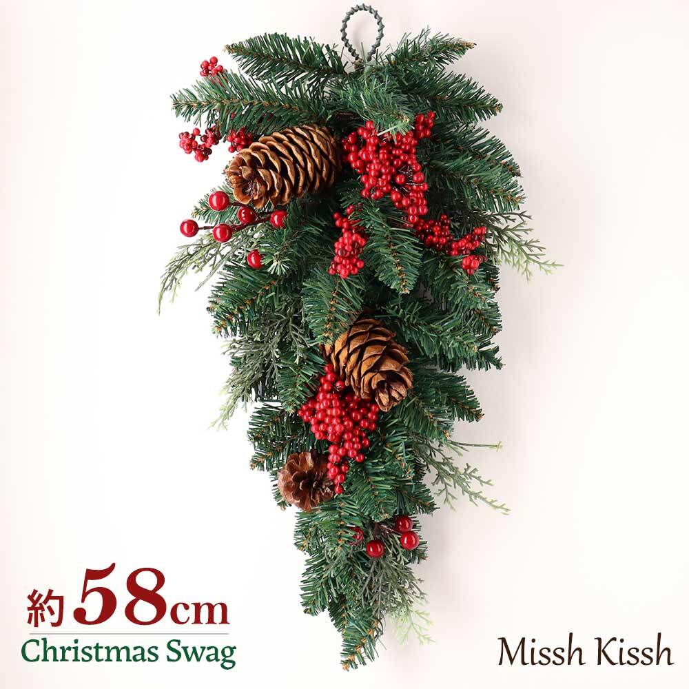 クリスマスリース スワッグ Swag 壁飾り リボン リーフ 松ぼっくり