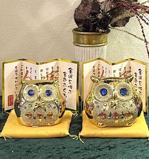人気のフクロウ】デコふくろう貯金箱（ゴールド）Lサイズ【金運アップ