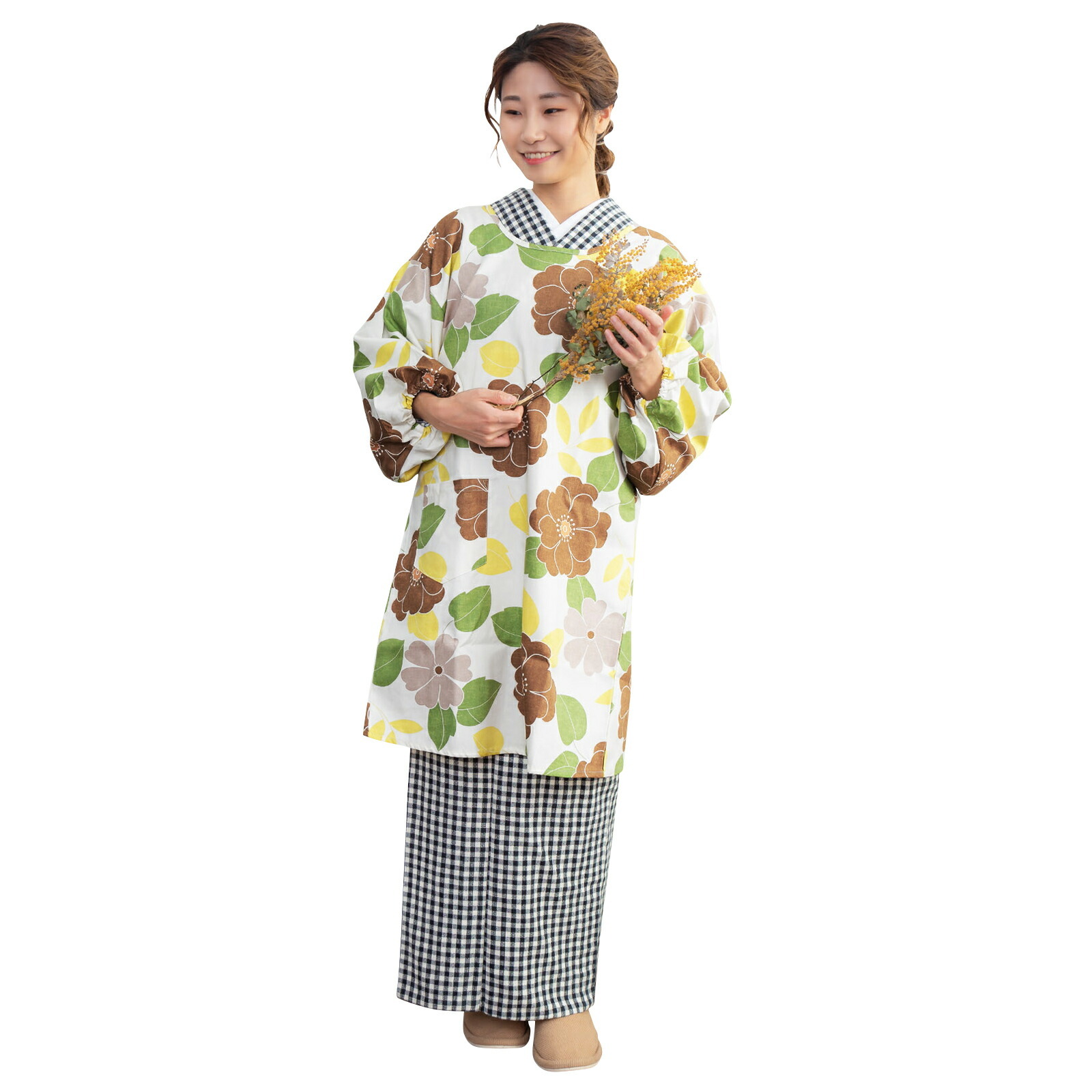ロング丈 割烹着 「ブラウンフラワー」 実用的 日本製 オシャレ