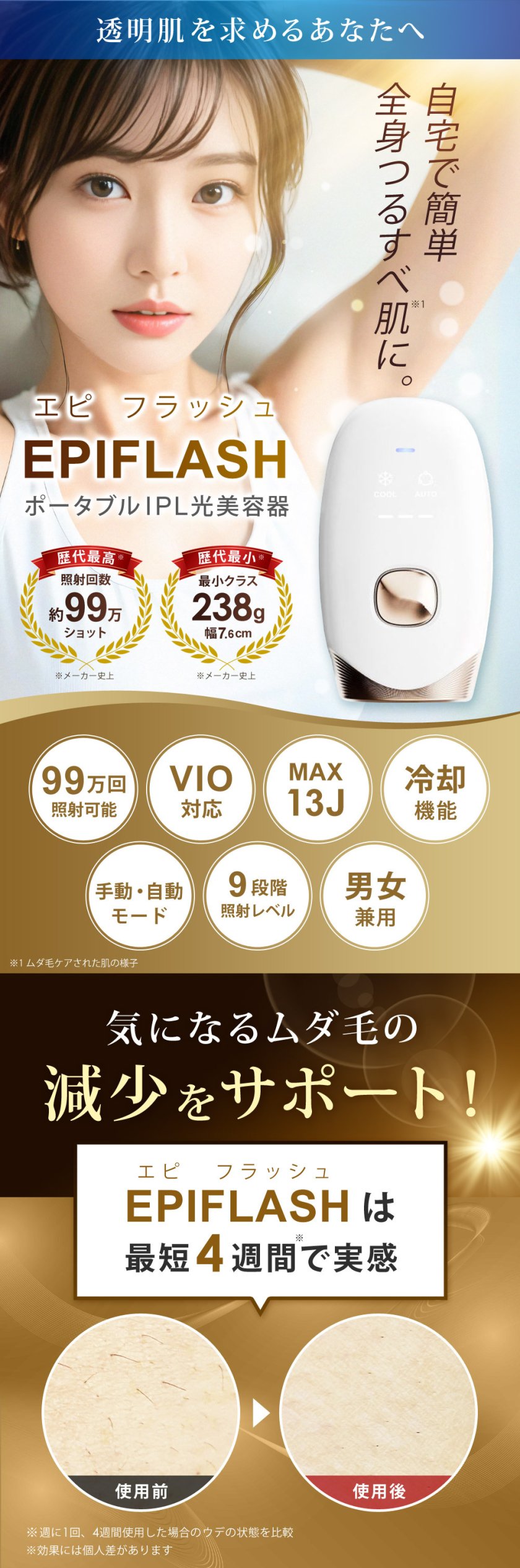 IPL 光美容器 冷却機能 99万回照射 EPIFLASH エピフラッシュ 脱毛器