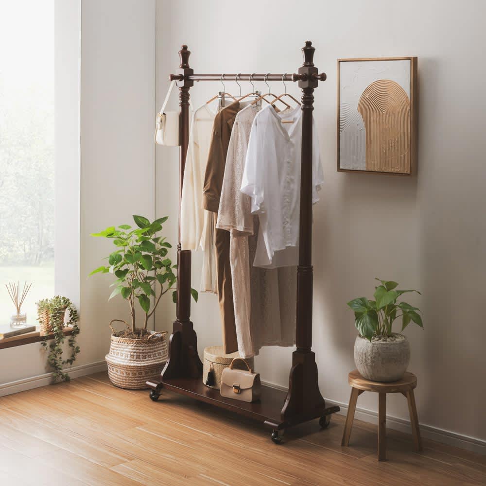 マホガニー天然木 キャスター付きハンガーラック 幅97cm奥行40cm高さ
