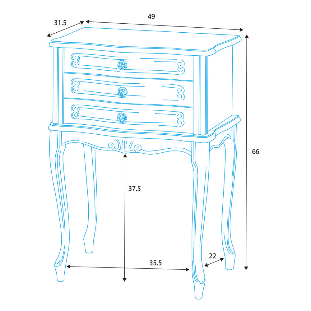 イタリア製 コンパクト収納家具シリーズ 猫脚サイドチェスト 3杯タイプ