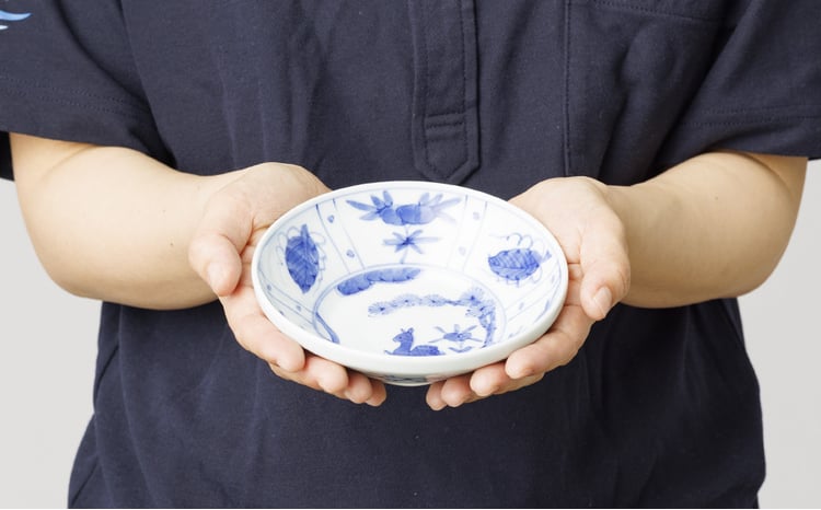 渓山窯】有田焼／染付4.5寸（13.5cm）取鉢（蛸唐草花鳥／芙蓉手鹿