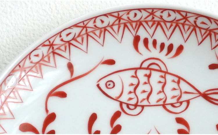 有田焼 魚鳥文中皿 【 香蘭社 】 赤絵 シリーズ 手描き 17cm プレート