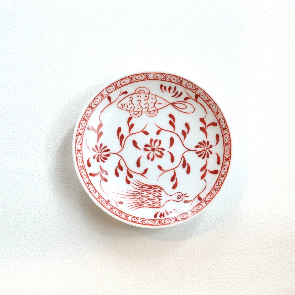 有田焼 魚鳥文小皿 【香蘭社】 赤絵 シリーズ 手描き 13cm プレート