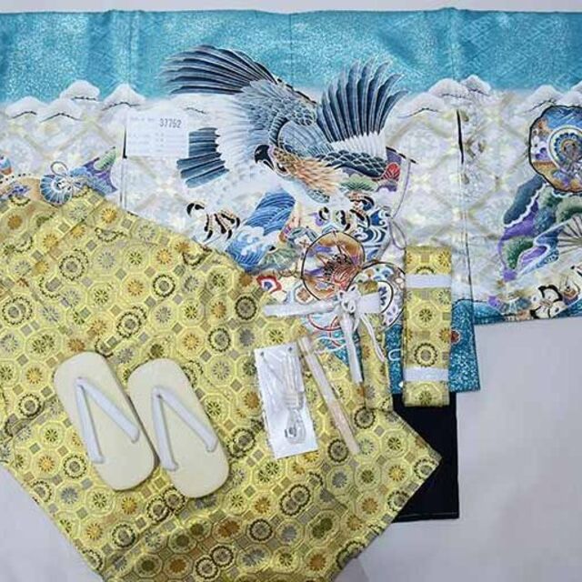 七五三 五歳 男児 羽織袴フルセット M寸 青緑 鷹 袴変更可 NO37752の