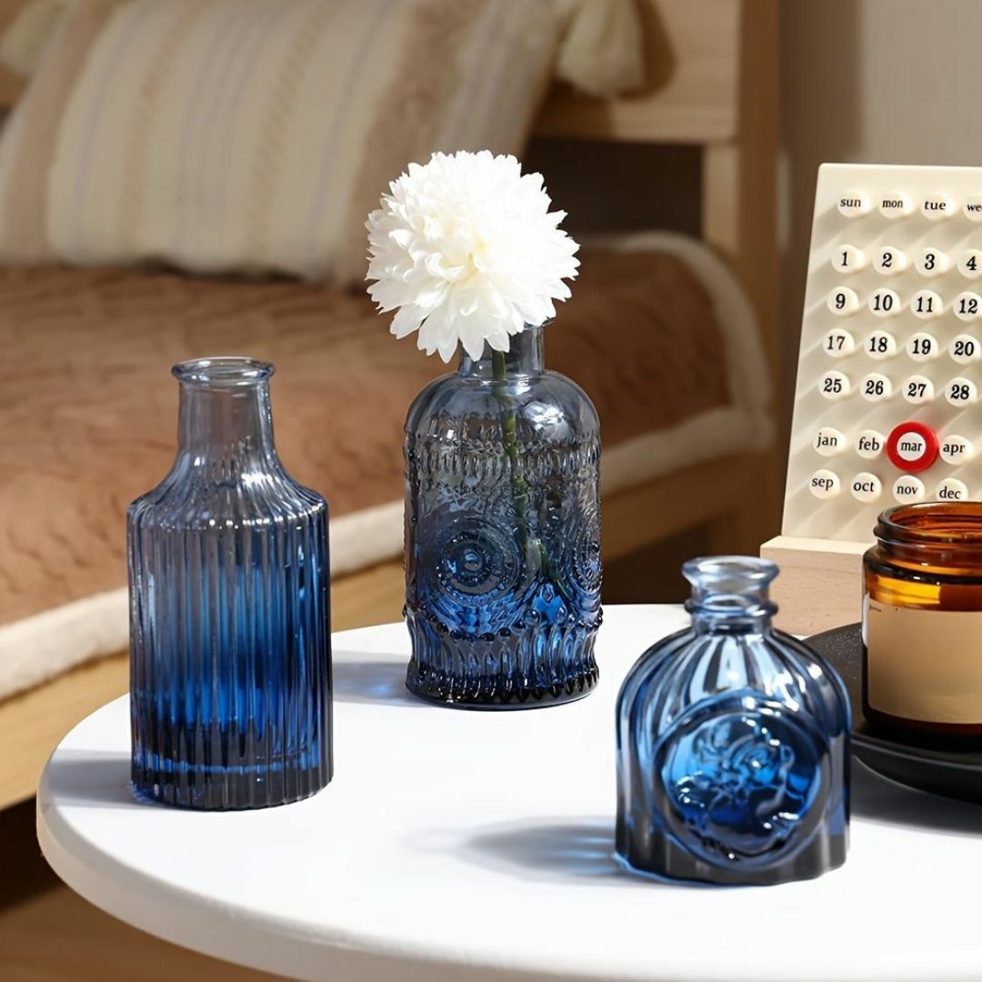 花瓶14個セット 青の花瓶 ブルーの花瓶 ヴィンテージクリアガラスの