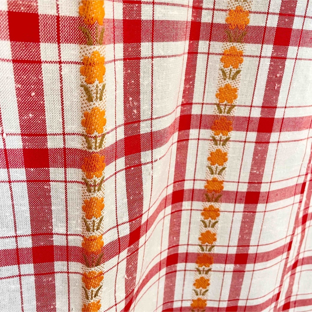 当時物 昭和レトロポップ カーテン 1枚 チェック柄 花柄 赤 白