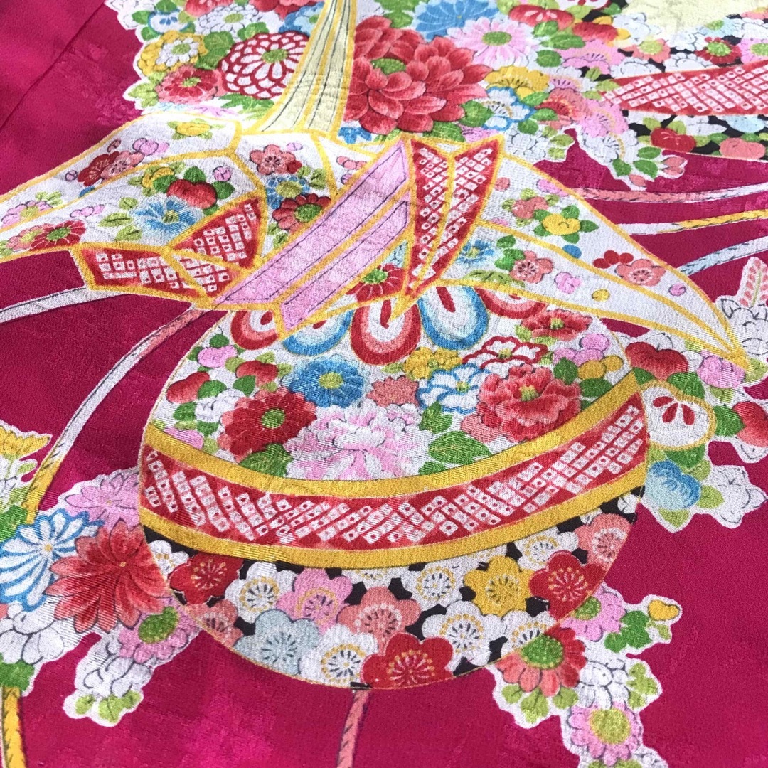 正絹 アンティーク着物 女の子 七五三 ◇檜扇 折鶴 まり 古典柄