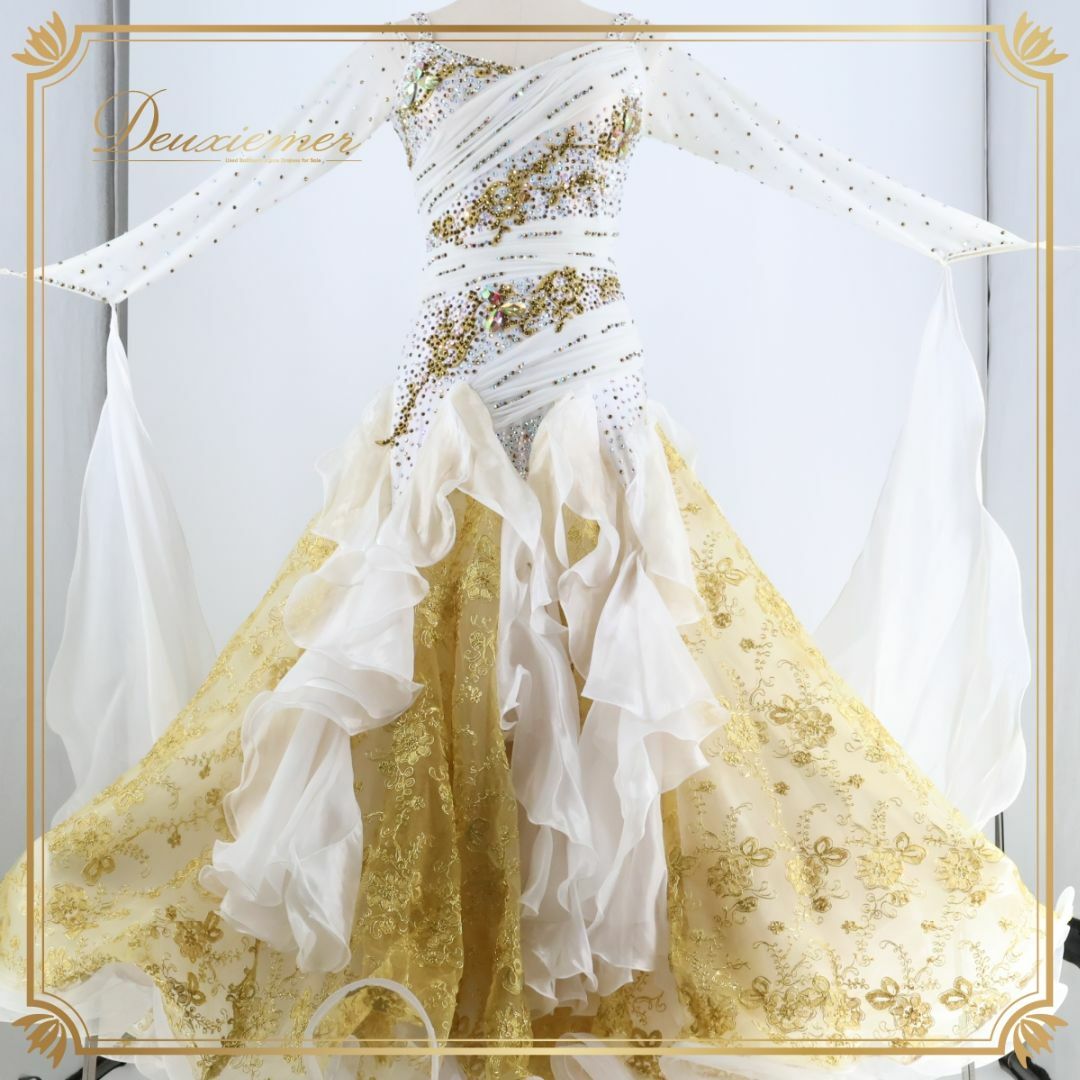 社交ダンス衣装】ホワイト ワンピース ドレス 白 フロート ゴールド 金