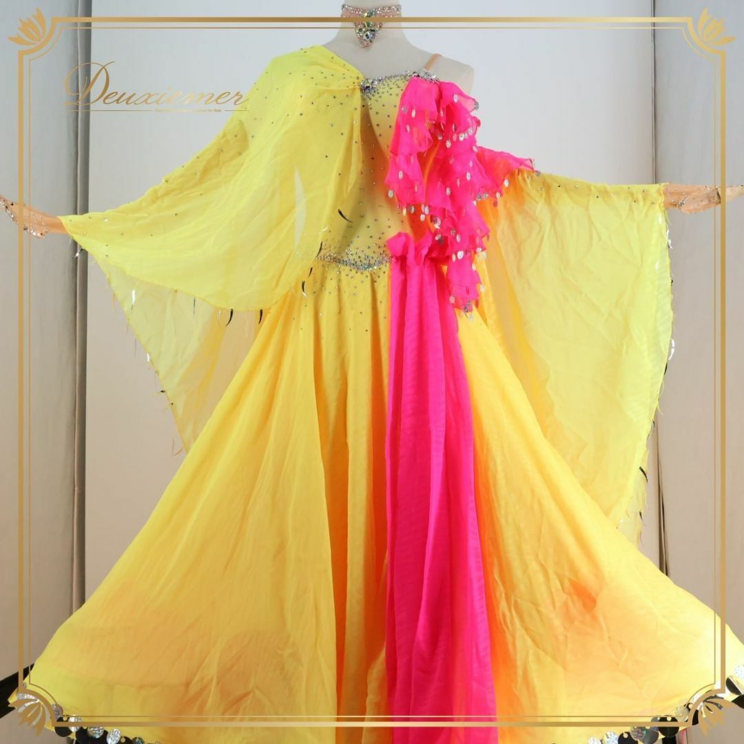 社交ダンス衣装】イエロー ワンピース ドレス 黄色 ピンク 蛍光