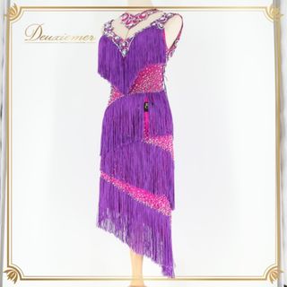 社交ダンス 衣装 ラテン ドレス ワンピース フリンジ 紫 ピンク デモ