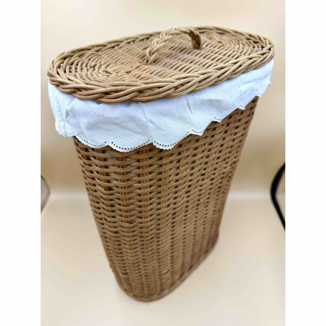 NY購入 ヴィンテージ ラタン バスケット 蓋付 内布 ランドリー 籠