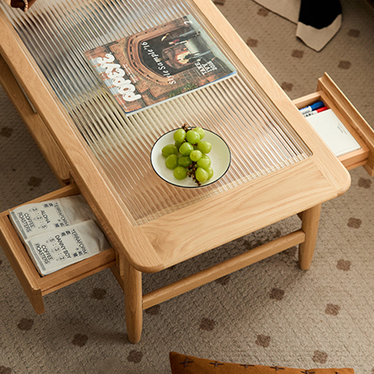 ホワイトWoody Prime Oak モールガラスラタンセンターテーブル | 高級