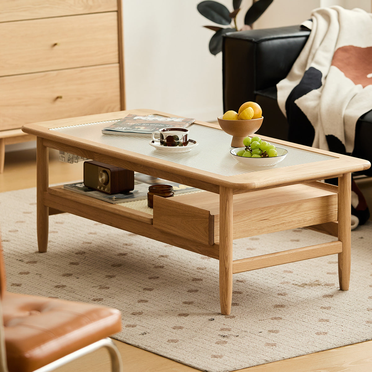 ホワイトWoody Prime Oak モールガラスラタンセンターテーブル | 高級