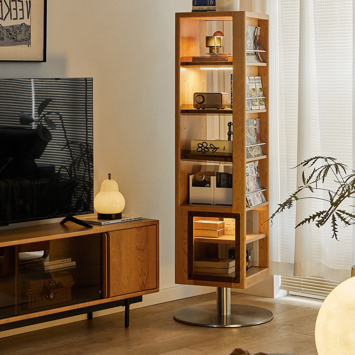 Woody Prime Cherry 回転式ミラー付き収納ラック | 省スペースで身支度