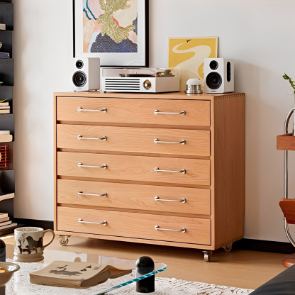 チェリー材 キャスター付き5段チェスト | 美しい木目と耐久性を