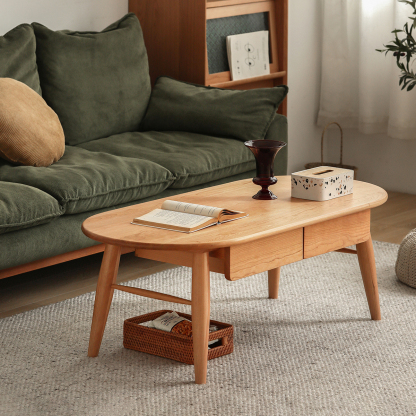 引き出し付き楕円形ウッドセンターテーブル | 収納力と美しさを両立