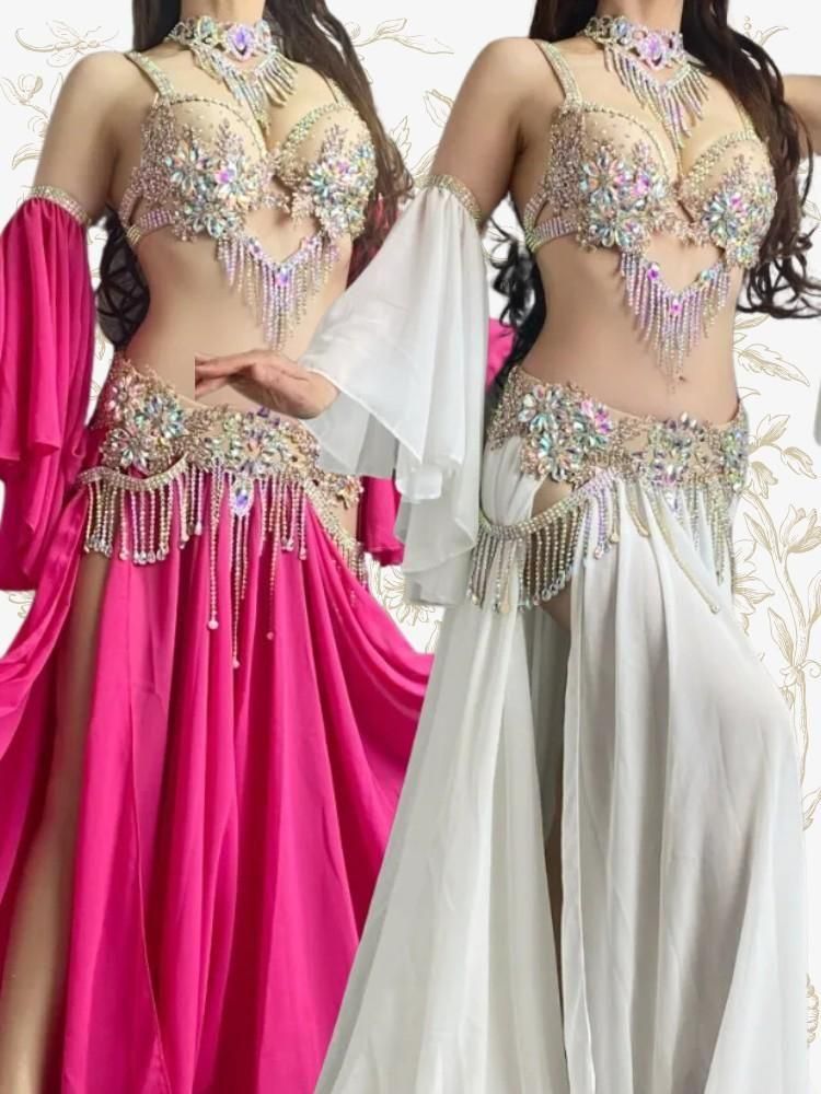 ベリーダンス衣装 ホワイト/ピンク ブラ&ベルト&スカート CT0414 (ML