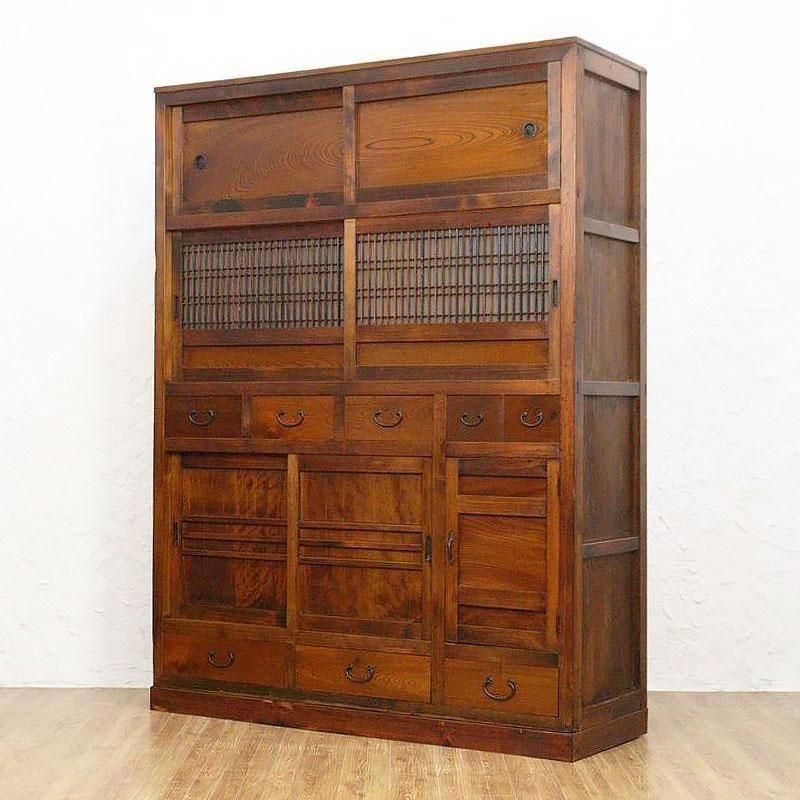 希少サイズ四尺格子ダイヤガラス入り水屋箪笥 和モダン町屋家具