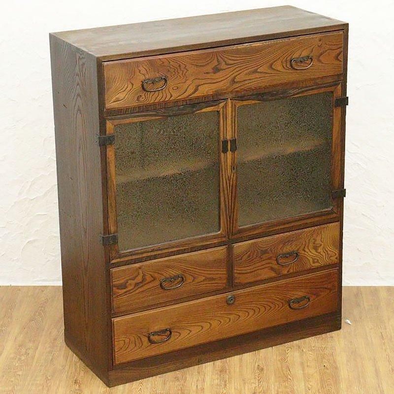 ヴィンテージ 結霜ガラス 茶箪笥 大正昭和レトロ 和家具