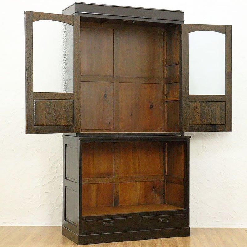 送料設置込)アンティーク☆鱗ガラス☆食器棚☆飾り棚☆昭和レトロ本棚